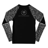 Roll Gear Kids SWAT Edition Long Sleeve Rash Guard, flat back view, Roll Gear emblem and urban camo sleeves.
