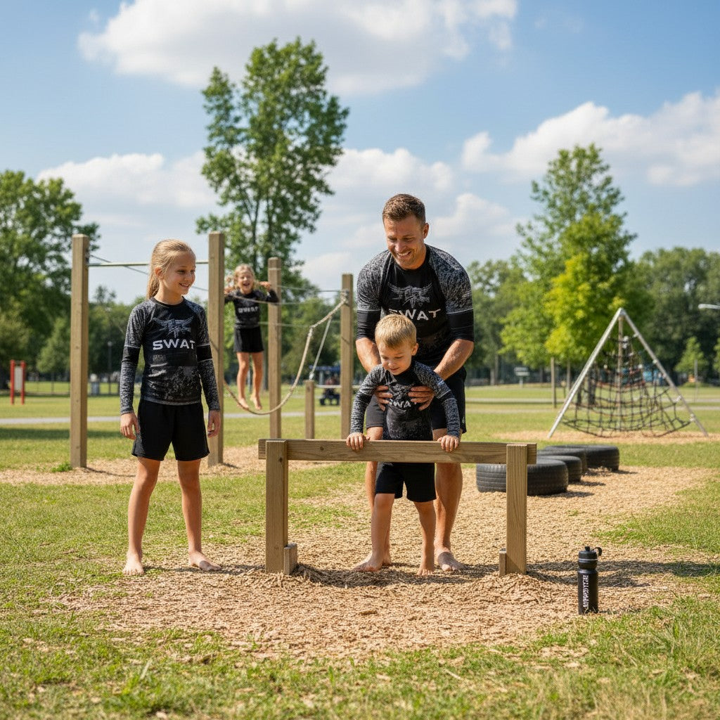 Roll Gear Kids SWAT Edition Long Sleeve Rash Guard, worn by kids training outdoors with a coach.