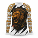 Roll Gear Lion’s Pride Long Sleeve Rash Guard – White & Gold, flat front view, lion head and gold tribal sleeves.