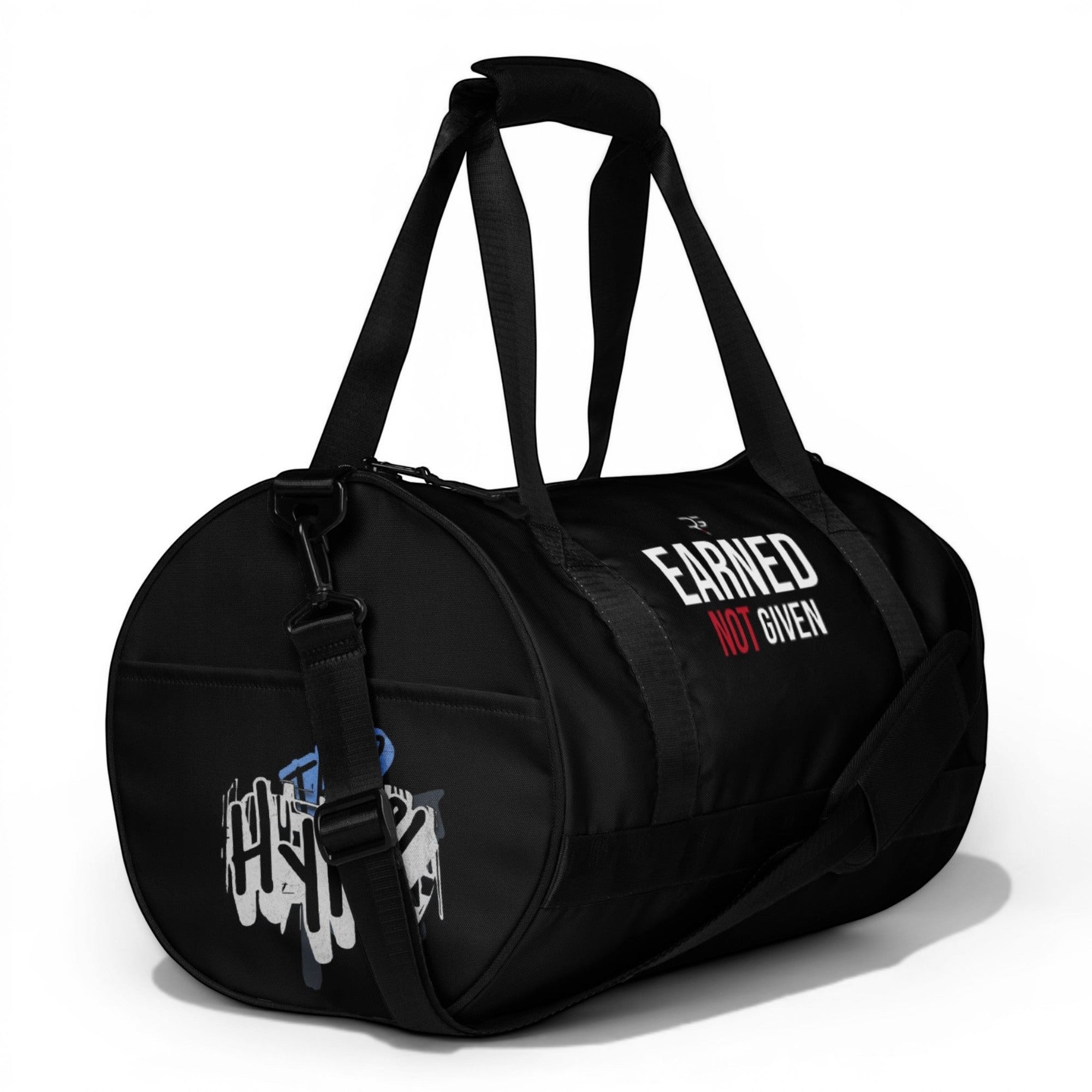 Roll Gear LLC black polyester cylinder duffel bag with "EARNED NOT GIVEN" graphic and side artwork.