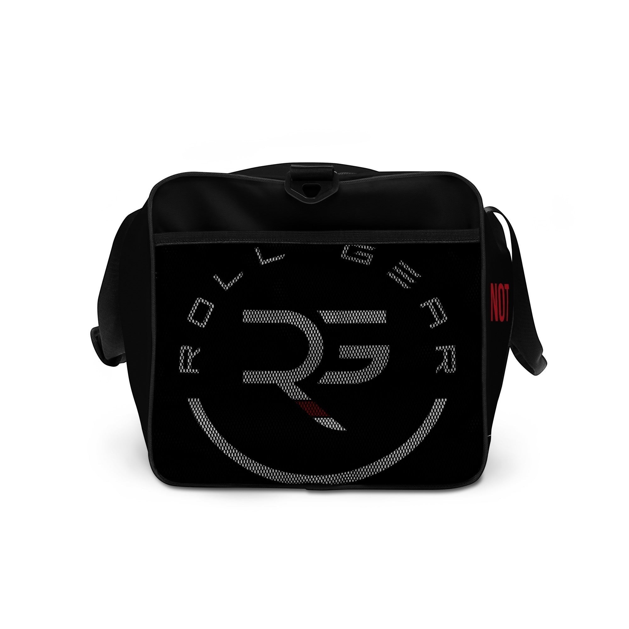 Roll Gear LLC black polyester duffel bag with Tap Hype graphic, mesh pocket, and padded handles.