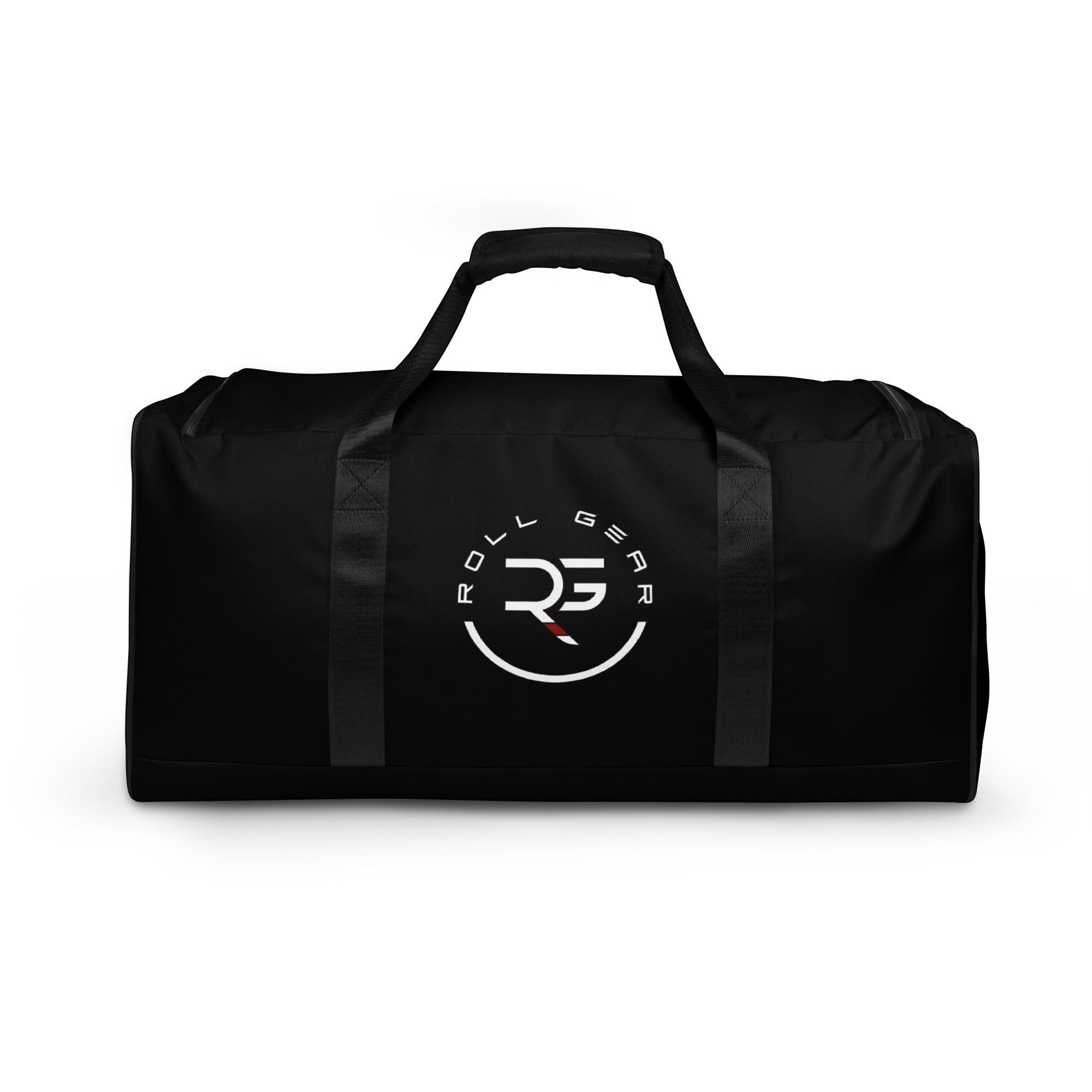 Roll Gear LLC black polyester training duffel bag with white Earned Not Given logo and dual handles.