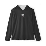 Roll Gear LLC black hooded long sleeve performance shirt with white logo on chest.
