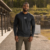 Roll Gear LLC black hooded long sleeve performance shirt with white logo on chest.
