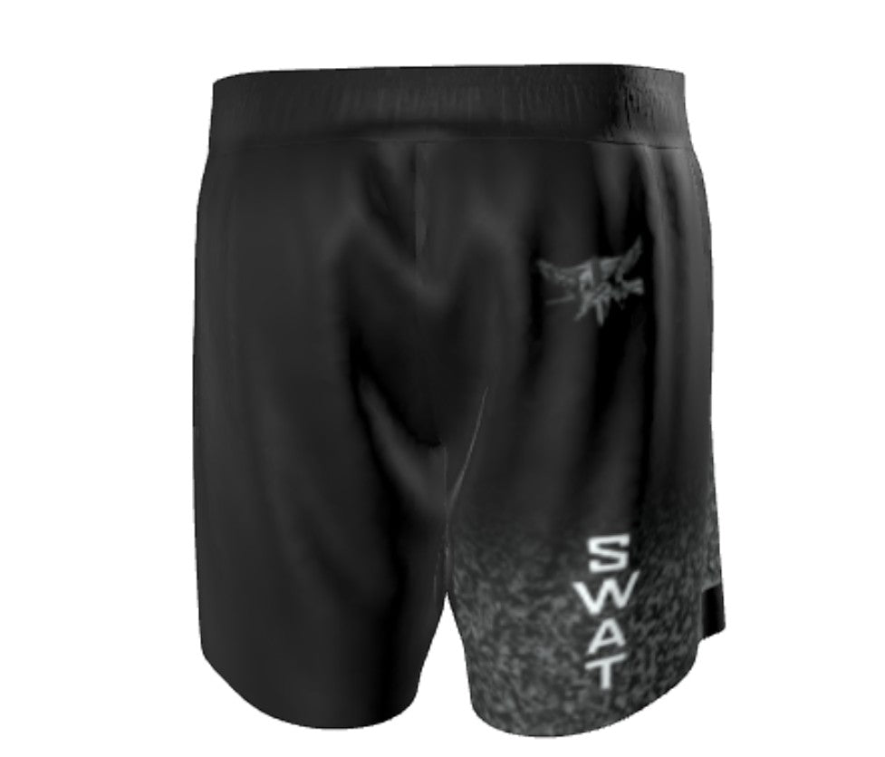 Roll Gear SWAT Grappling Shorts, angled flat view, SWAT text.