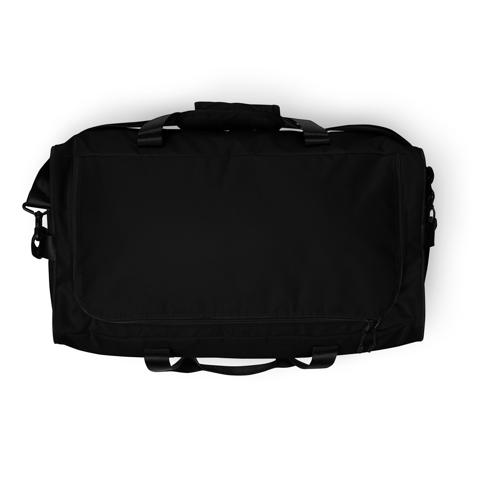 Black polyester Roll Gear LLC training duffel bag with "Earned Not Given" design, dual handles, and shoulder strap.