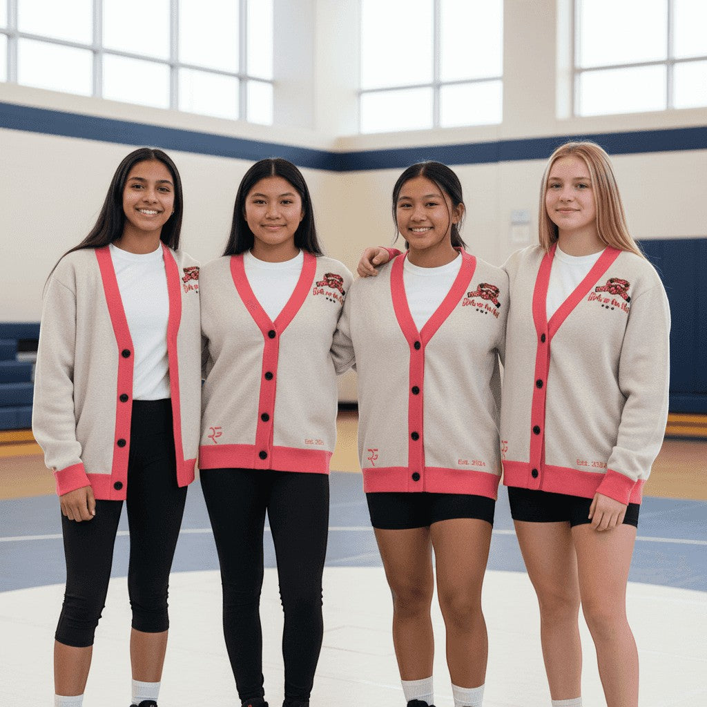 Roll Gear LLC oatmeal knit cardigan with coral trim, bow emblem on chest, and Girls on the Mat text on back.