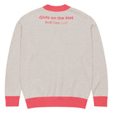 Roll Gear LLC oatmeal knit cardigan with coral trim and Girls on the Mat detailing on back.