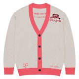 Roll Gear LLC oatmeal knit cardigan with coral trim, bow logo, and "Girls on the Mat" text.