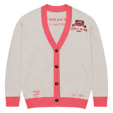 Roll Gear LLC oatmeal knit cardigan with coral trim, bow emblem, and "Girls on the Mat" back detail.