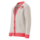 Roll Gear LLC oatmeal knit cardigan with coral trim, bow emblem on chest, and "Est. 2024" detail.