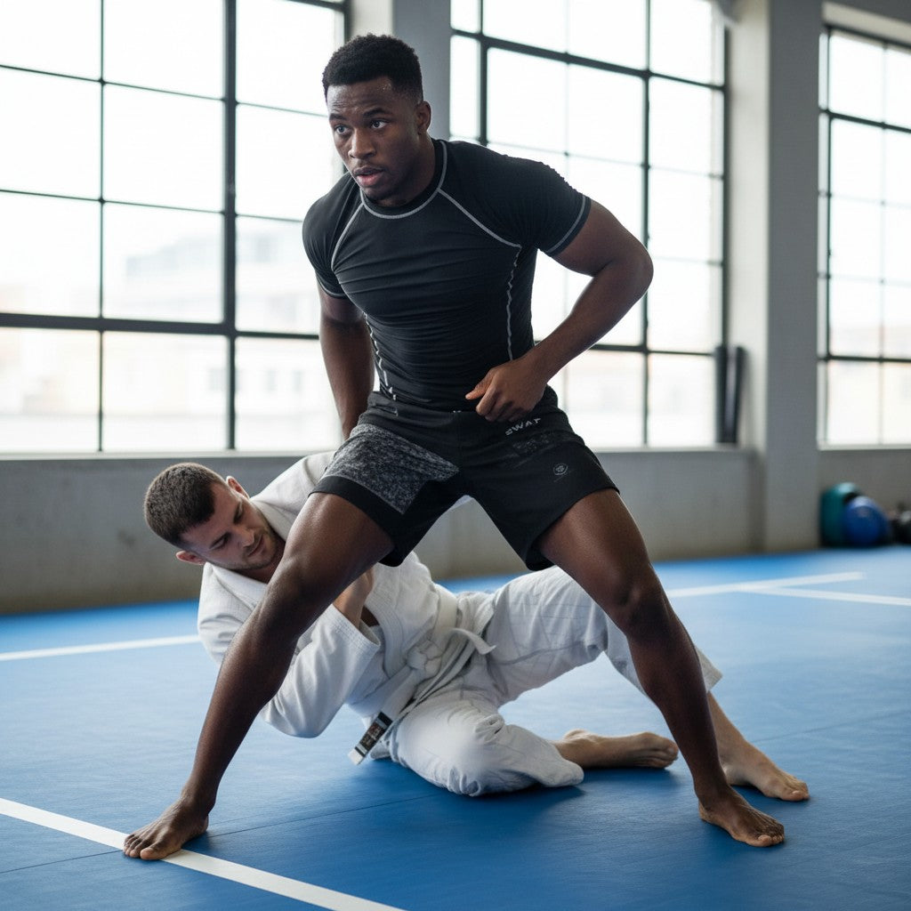 Roll Gear SWAT Grappling Shorts, man standing over a partner on the mat.