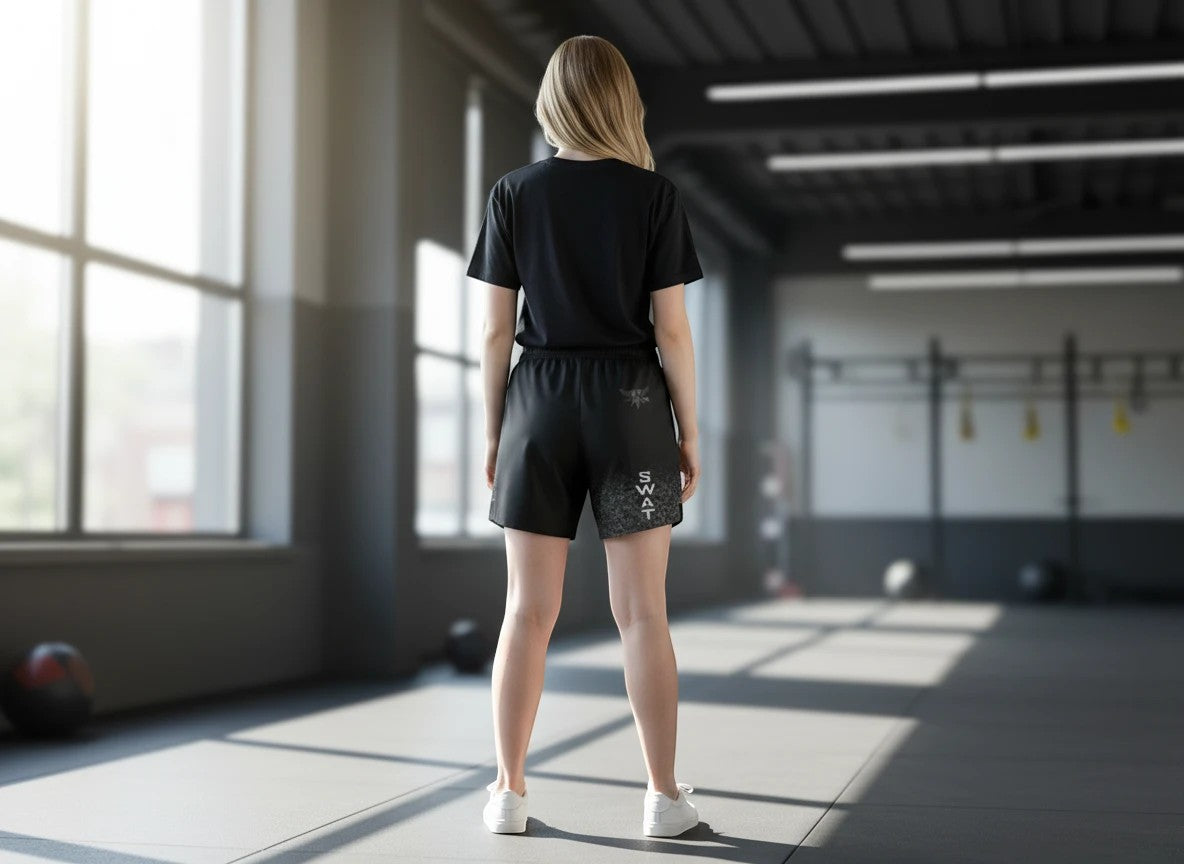 Roll Gear SWAT Grappling Shorts, back view on a woman in a gym.