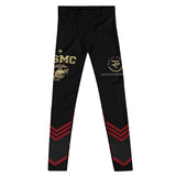 Roll Gear Men's Marines Dress Blues Compression Spats. Black polyester/spandex leggings with red chevron accents and gold USMC graphics.