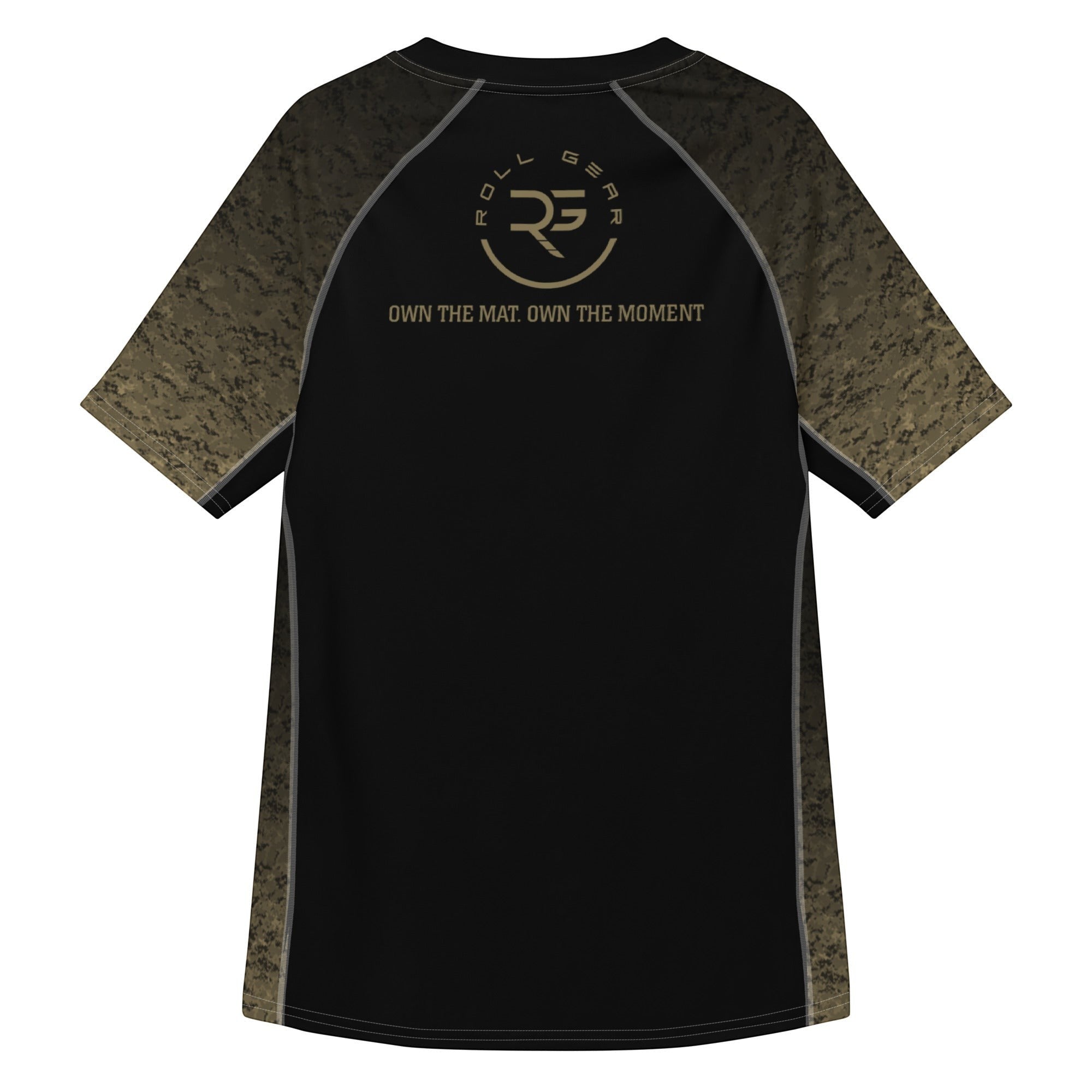 Roll Gear Unisex Marines Gold short sleeve rash guard in black with faded gold digital camo sleeves and gold USMC emblem.