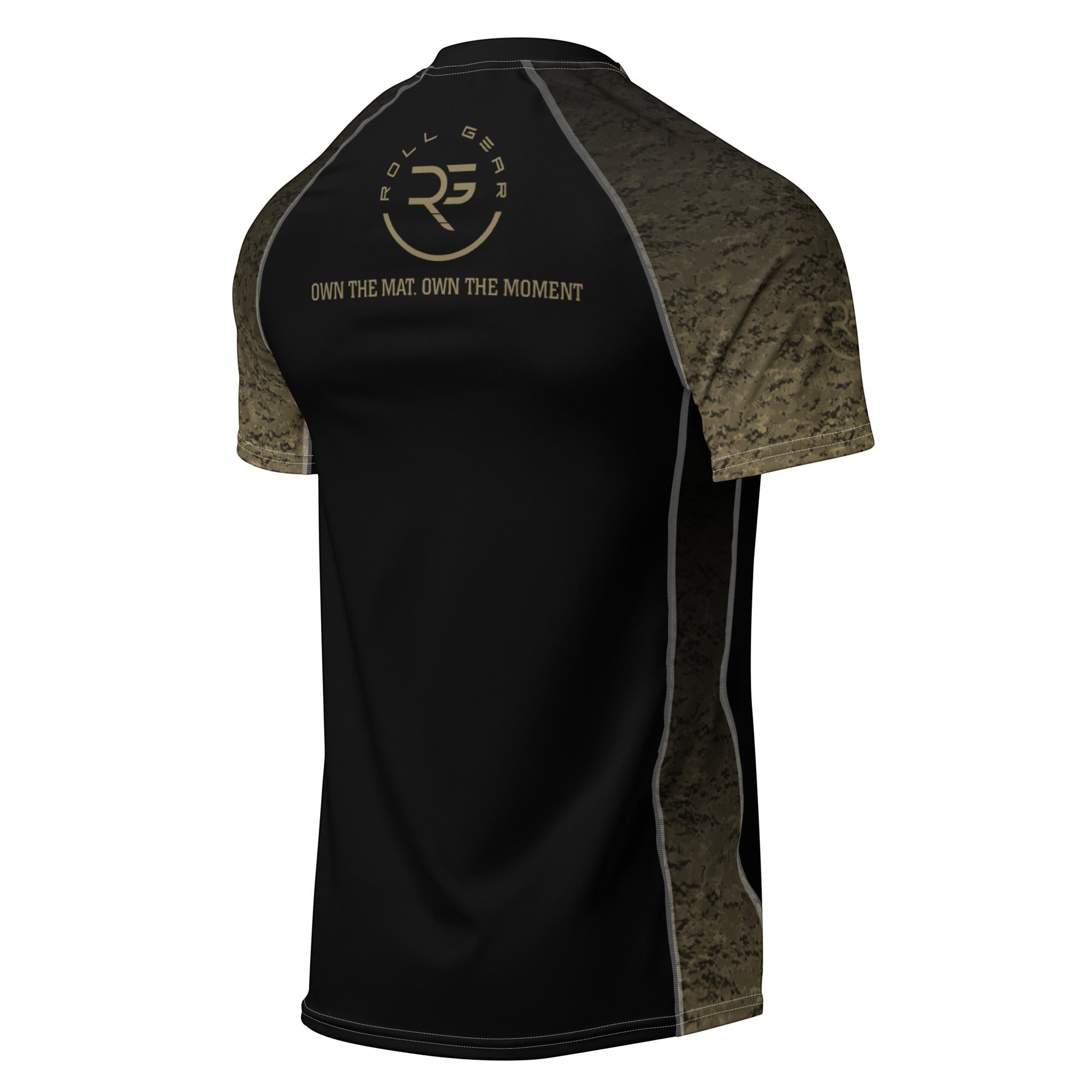 Roll Gear Unisex Marines Gold short sleeve rash guard in black with faded gold digital camo sleeves and gold EGA emblem.