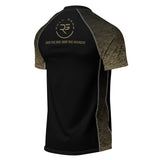 Roll Gear Unisex Marines Gold short sleeve rash guard in black with faded gold digital camo sleeves and gold EGA emblem.