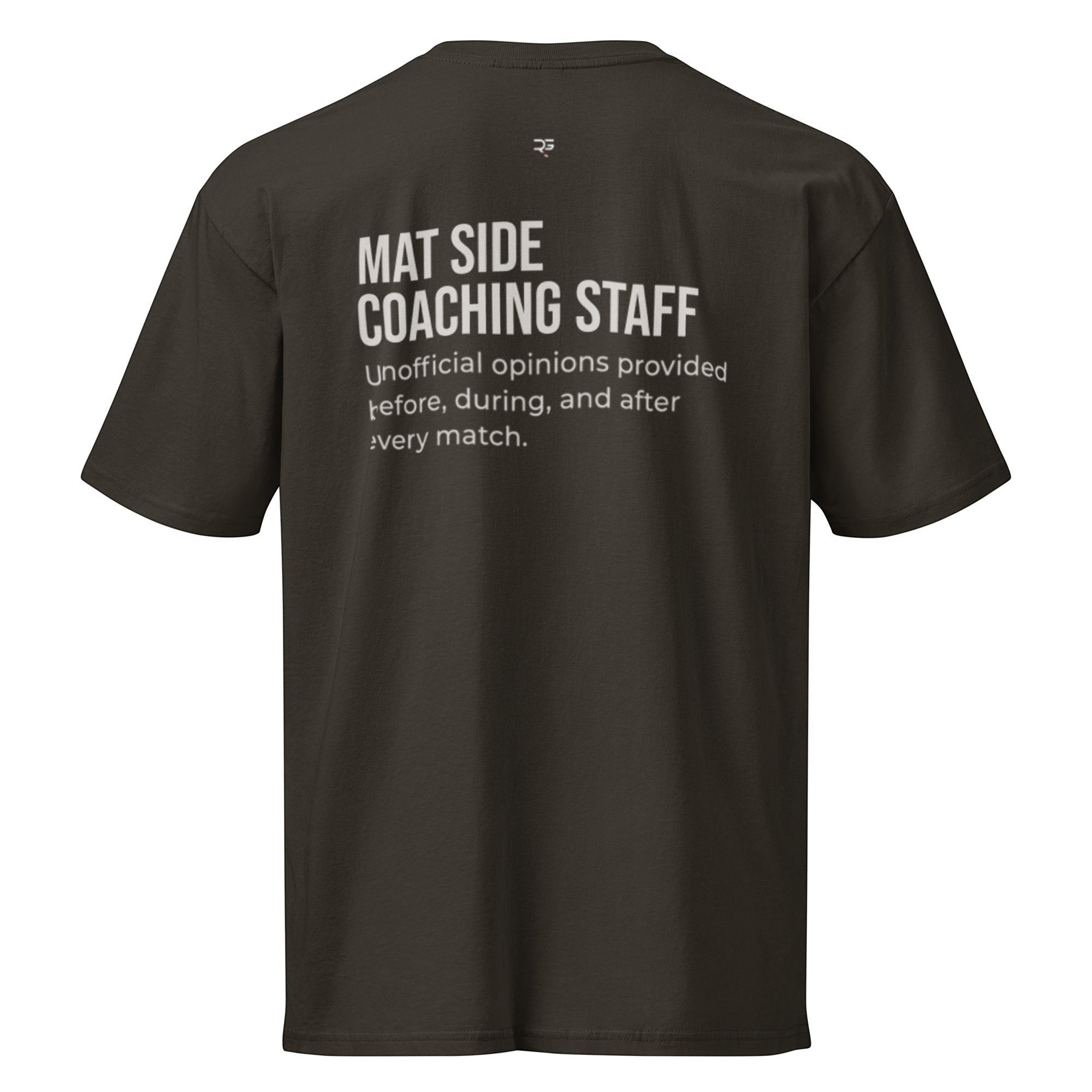 Black heavyweight tee, back view of the Mat Side Coaching Staff print in cream lettering.