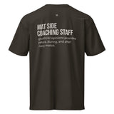Black heavyweight tee, back view of the Mat Side Coaching Staff print in cream lettering.