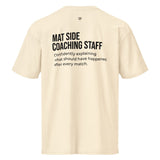 Vintage White heavyweight tee, flat back view, Mat Side Coaching Staff print with the what-should-have-happened line.
