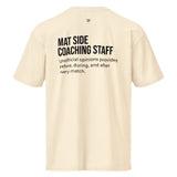 Vintage White heavyweight tee, flat back view, Mat Side Coaching Staff print with the unofficial-opinions line.