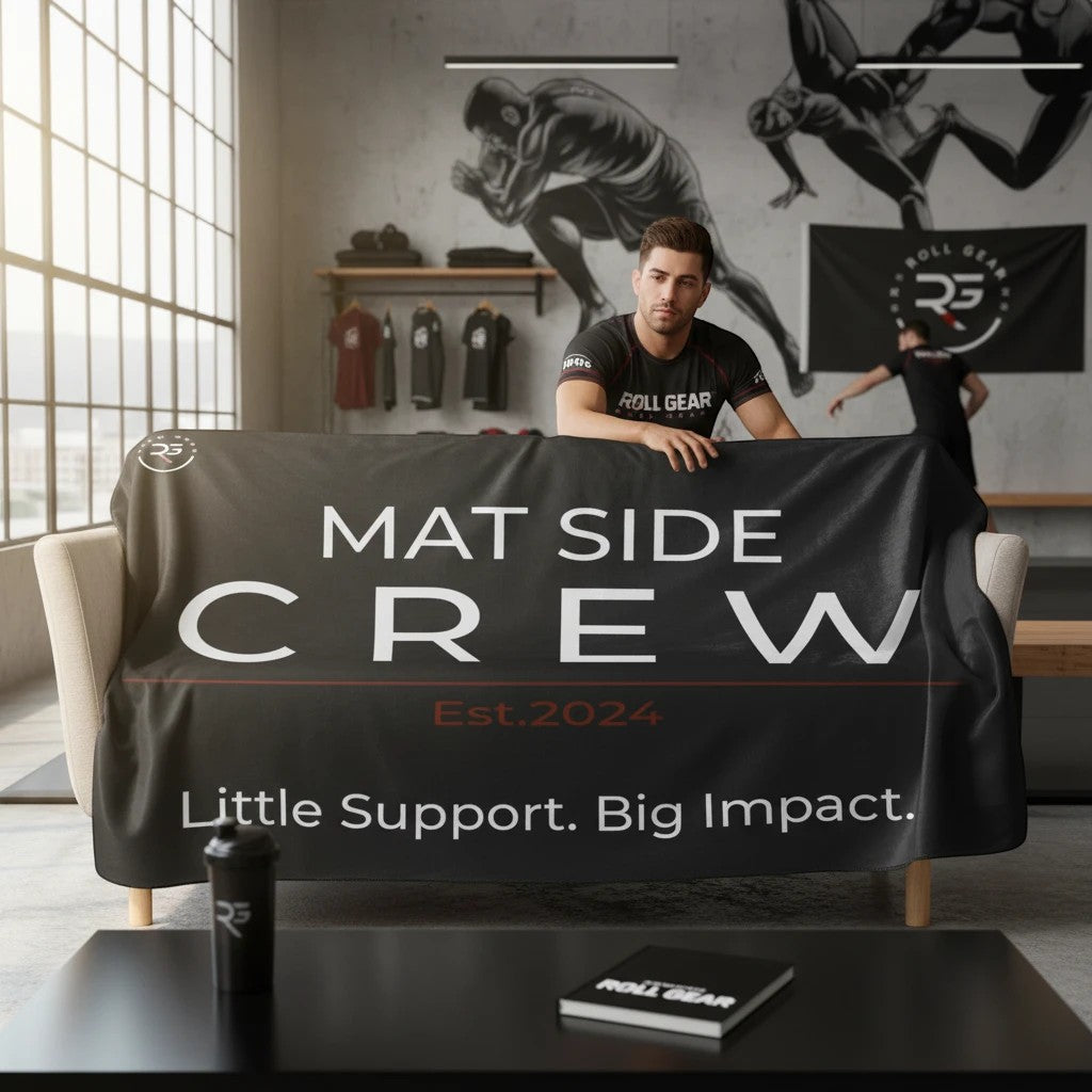 Roll Gear Mat Side Crew Sherpa Blanket, black with white text "MAT SIDE CREW" and "Little Support. Big Impact."