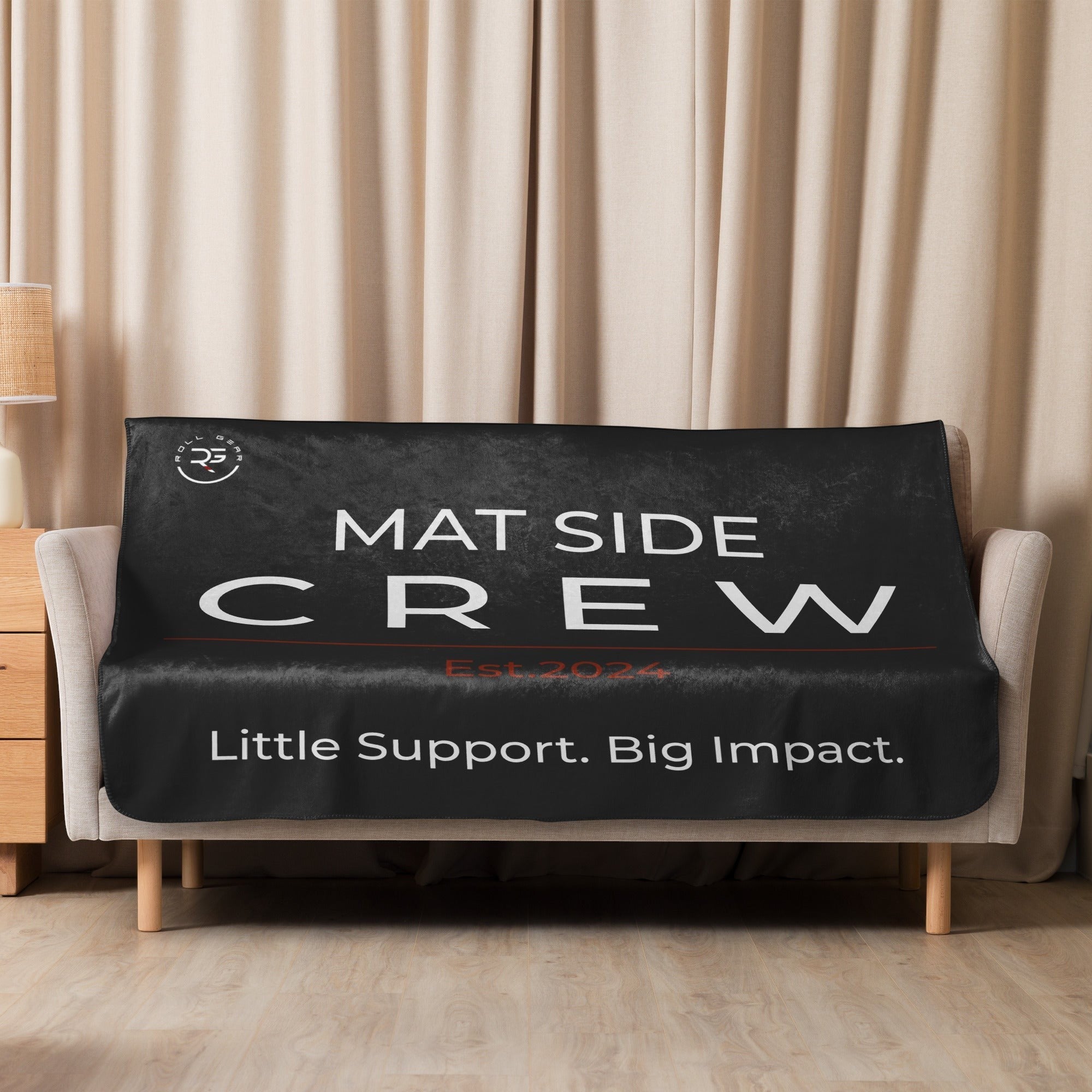 Roll Gear Mat Side Crew Sherpa Blanket, black, plush sherpa backing, sublimated print, 50" x 60"