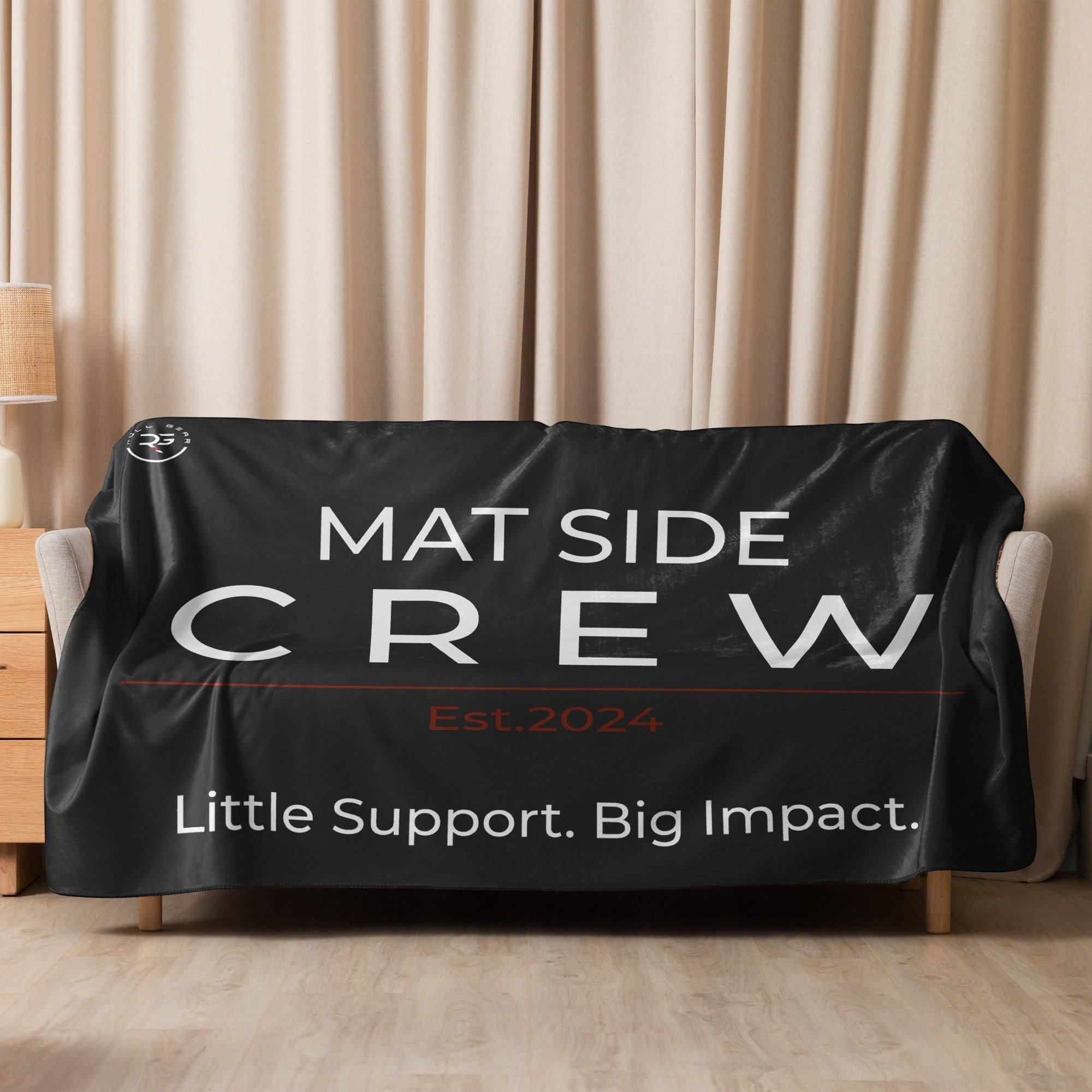 Roll Gear Mat Side Crew Sherpa Blanket, black, polyester, with "MAT SIDE CREW Est.2024 Little Support. Big Impact." text.