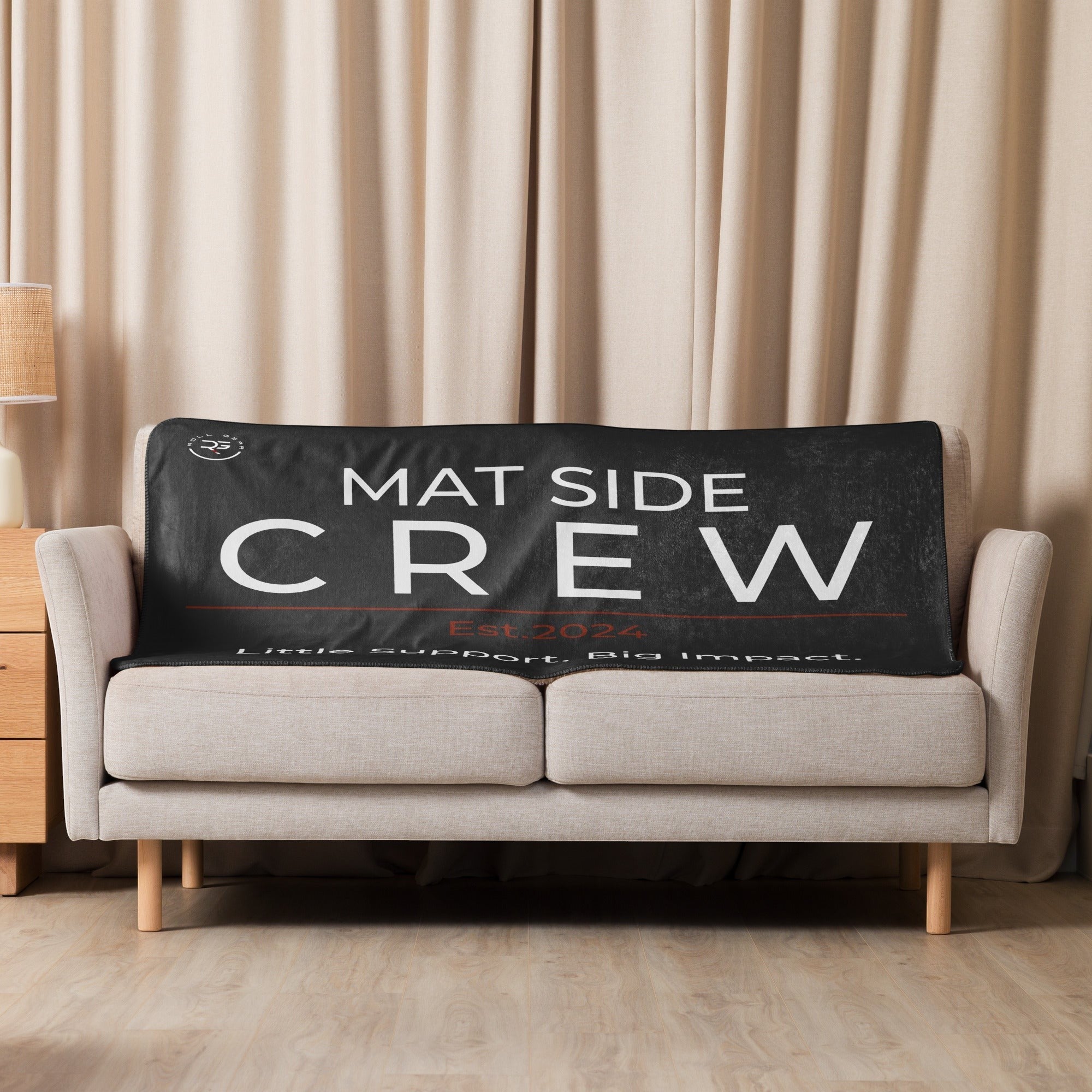 Roll Gear Mat Side Crew Sherpa Blanket, black with white and red text, plush sherpa backing, perfect for wrestling families.
