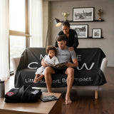 Roll Gear Mat Side Crew Sherpa Blanket, black, plush sherpa backing, sublimated print, family on couch reading.