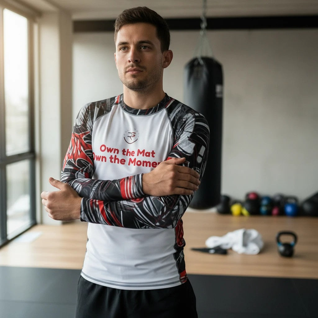 Roll Gear Evolve or Repeat Men’s Long Sleeve Rash Guard – White & Red, front view, arms crossed, worn in a training gym.