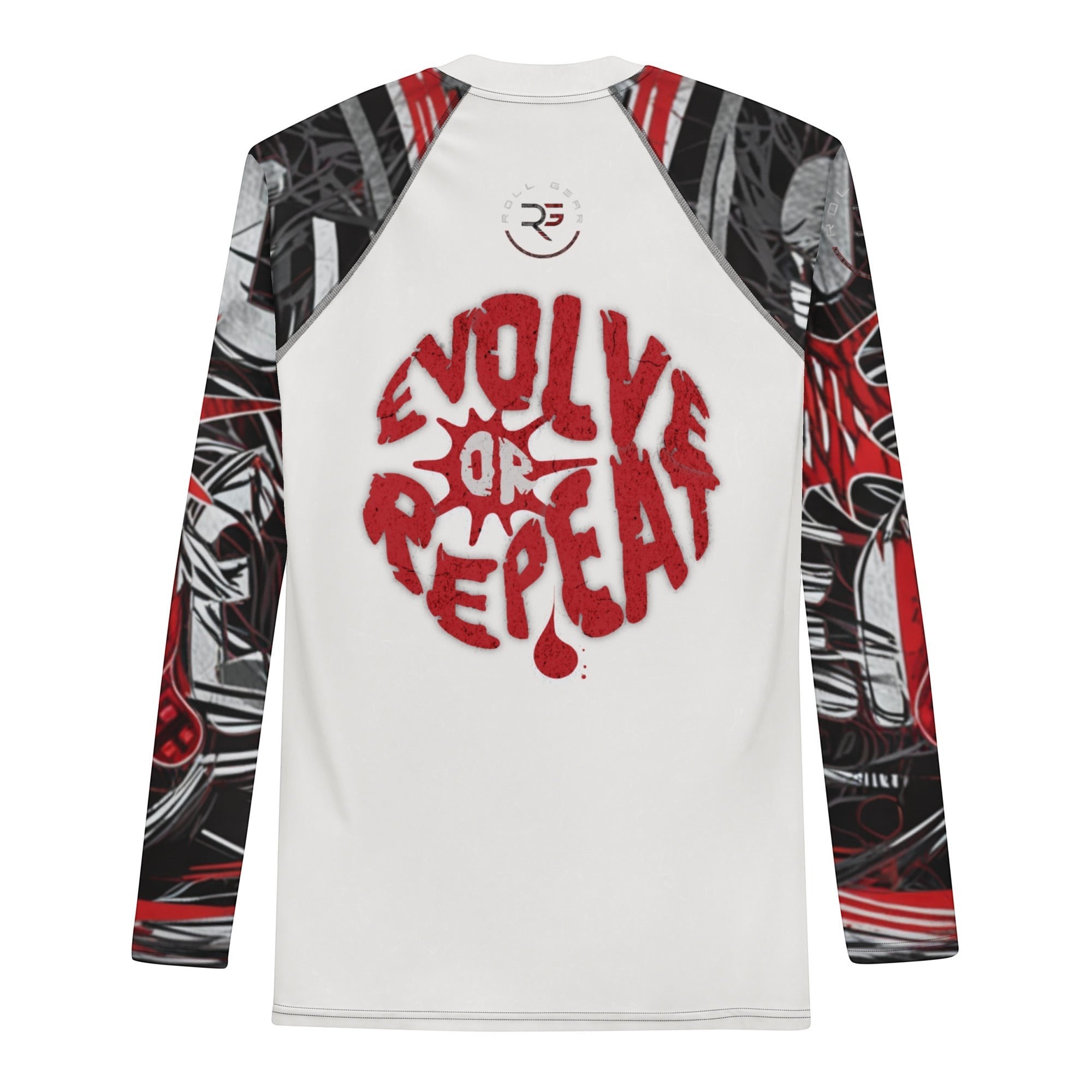 Roll Gear Evolve or Repeat Men’s Long Sleeve Rash Guard, flat back view, Evolve or Repeat graphic.