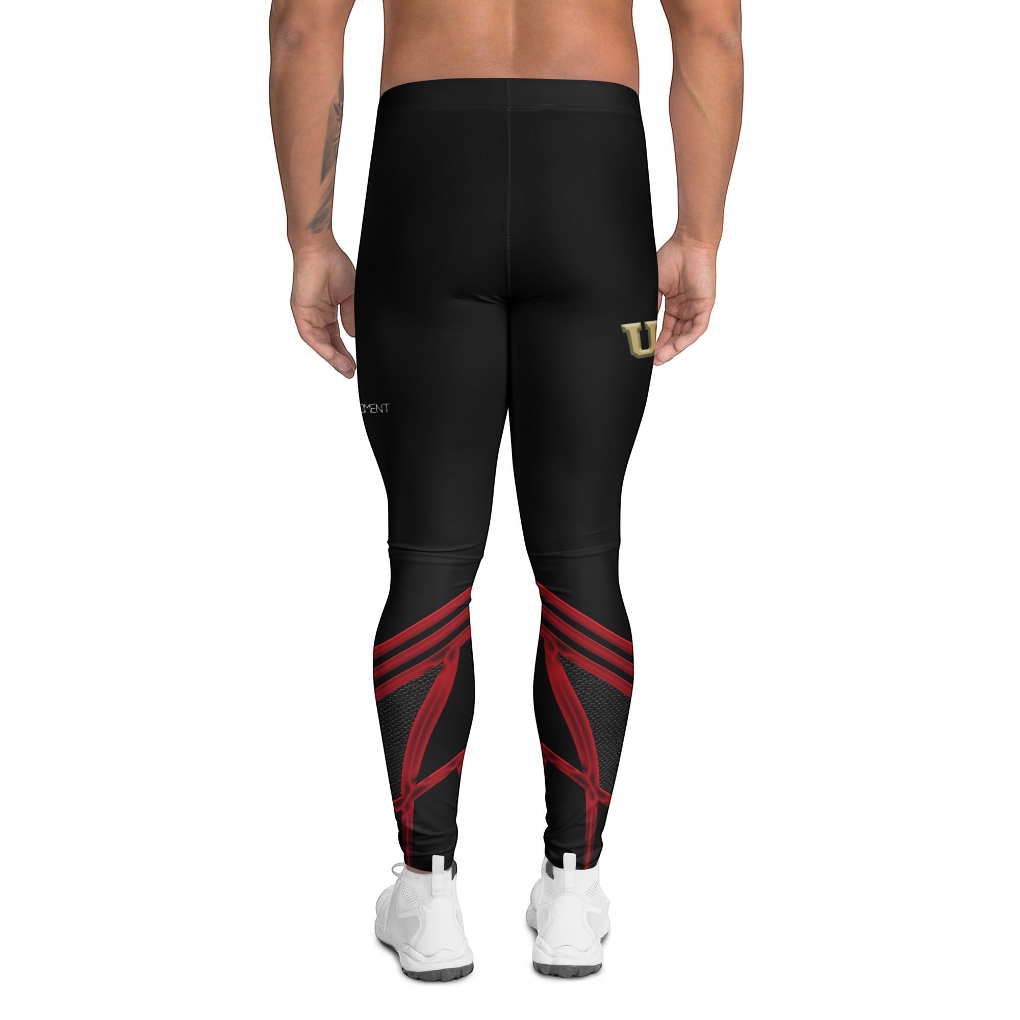 Roll Gear Men's black compression spats with red Dress Blues-inspired chevrons and gold USMC graphics on legs.