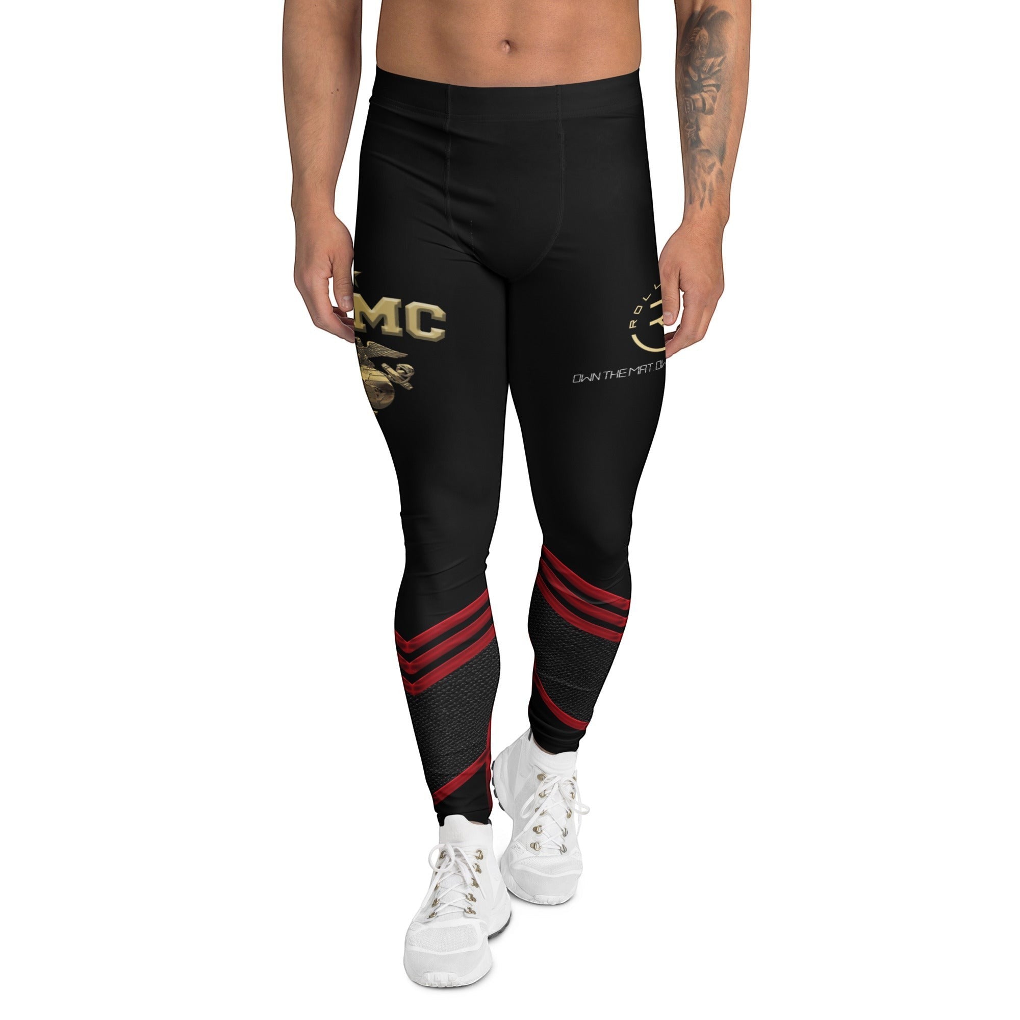 Roll Gear Men's black compression spats with red chevron accents and gold USMC graphics. Ideal for training.