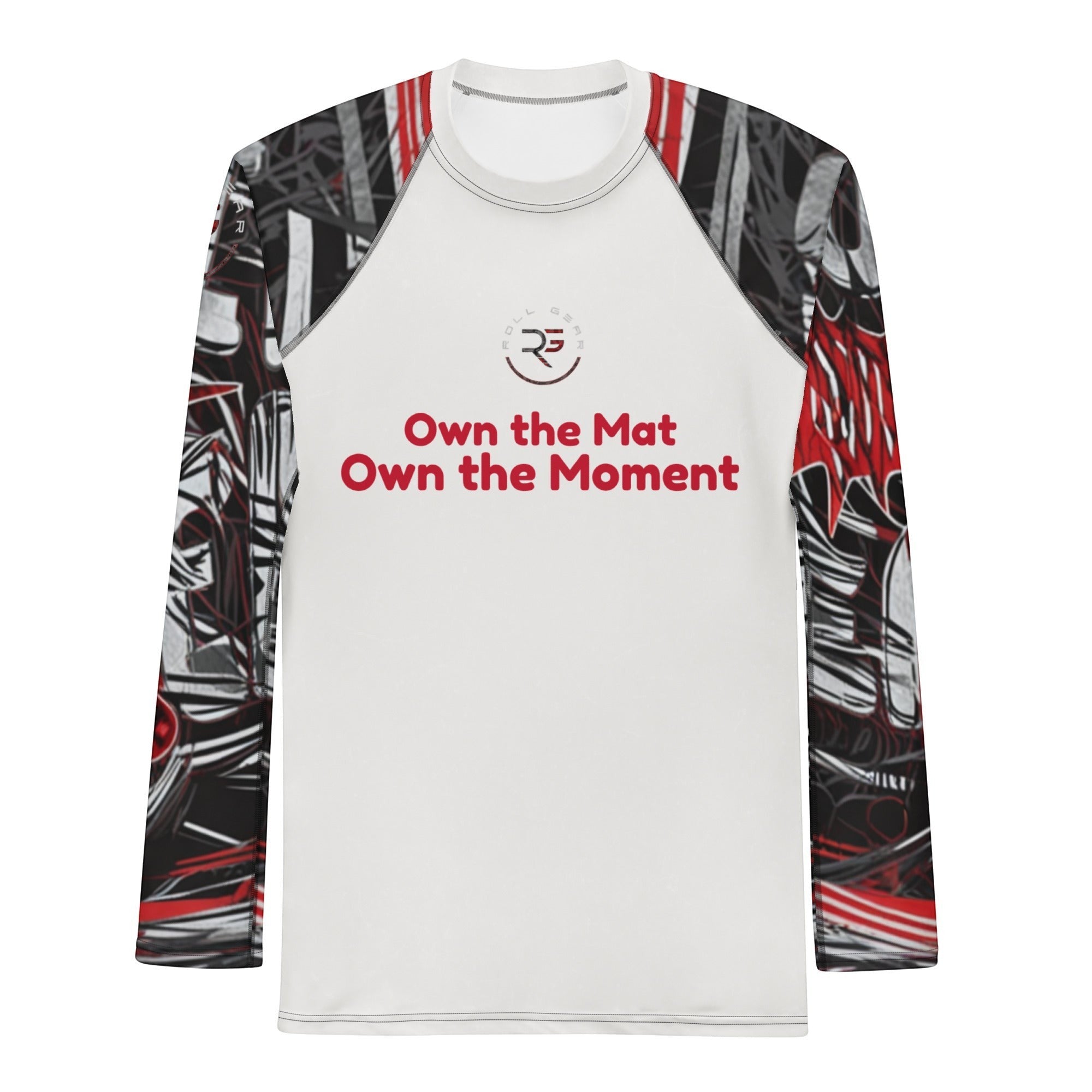 Roll Gear Evolve or Repeat Men’s Long Sleeve Rash Guard – White & Red, flat front view, Own the Mat chest print.