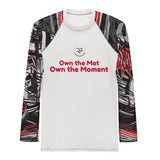 Roll Gear Evolve or Repeat Men’s Long Sleeve Rash Guard – White & Red, flat front view, Own the Mat chest print.