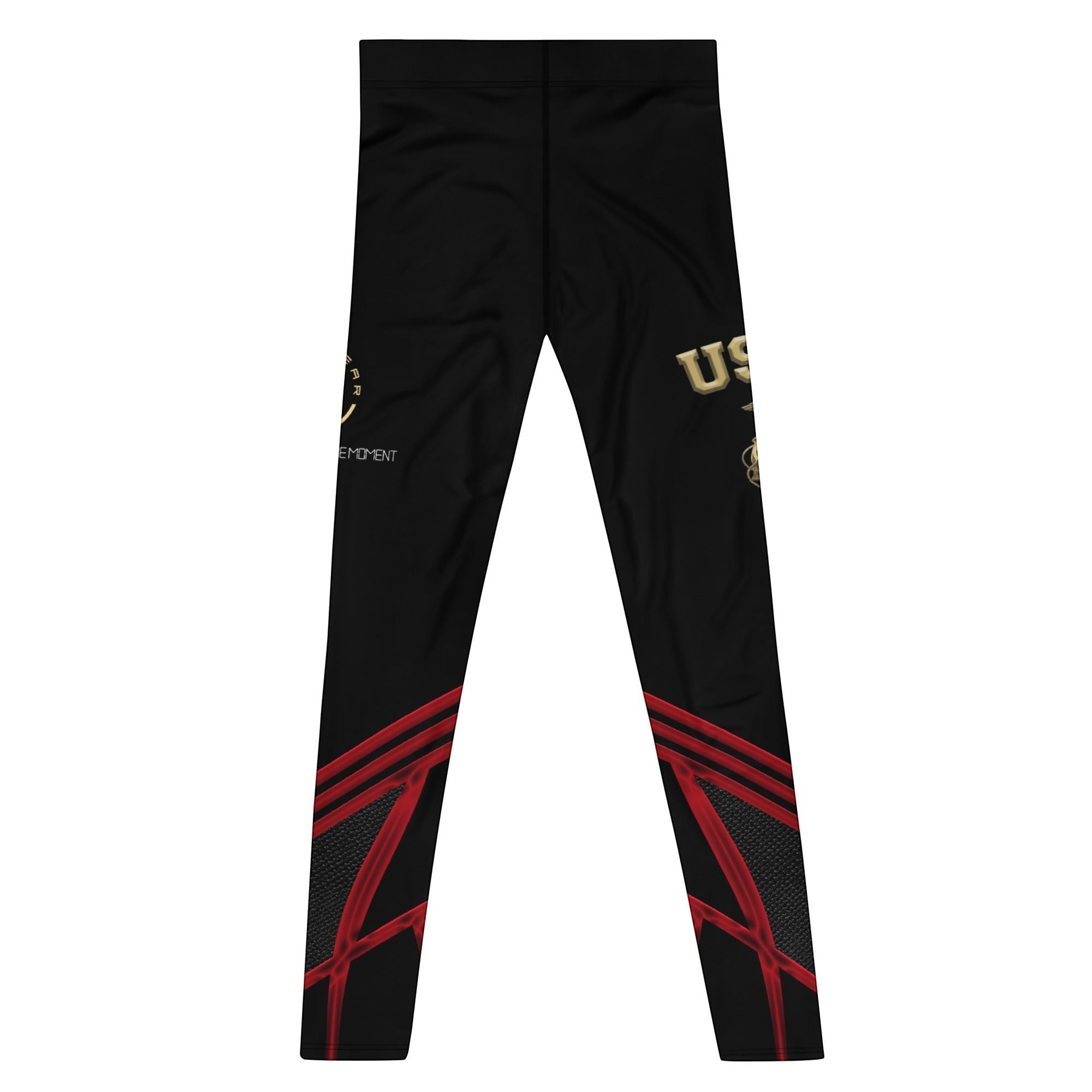 Roll Gear Men's black compression spats with red Dress Blues chevrons and gold USMC graphics. 82% polyester, 18% spandex.