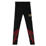 Roll Gear Men's black compression spats with red Dress Blues chevrons and gold USMC graphics. 82% polyester, 18% spandex.