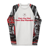 Roll Gear Evolve or Repeat Men’s Long Sleeve Rash Guard – White & Red, flat front view, red and black graphic sleeves.