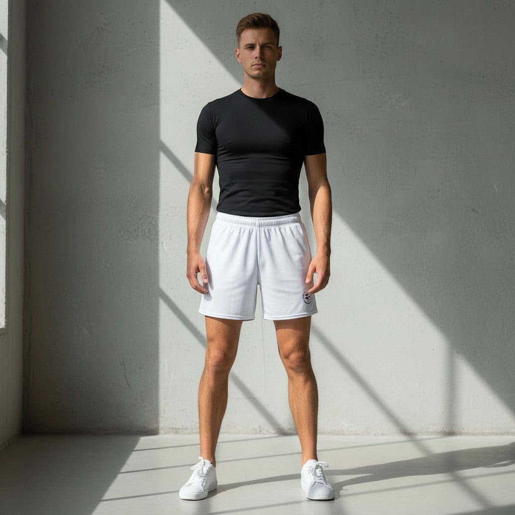 Roll Gear Mesh Shorts – All White – Unisex, worn by a man standing in a gym.