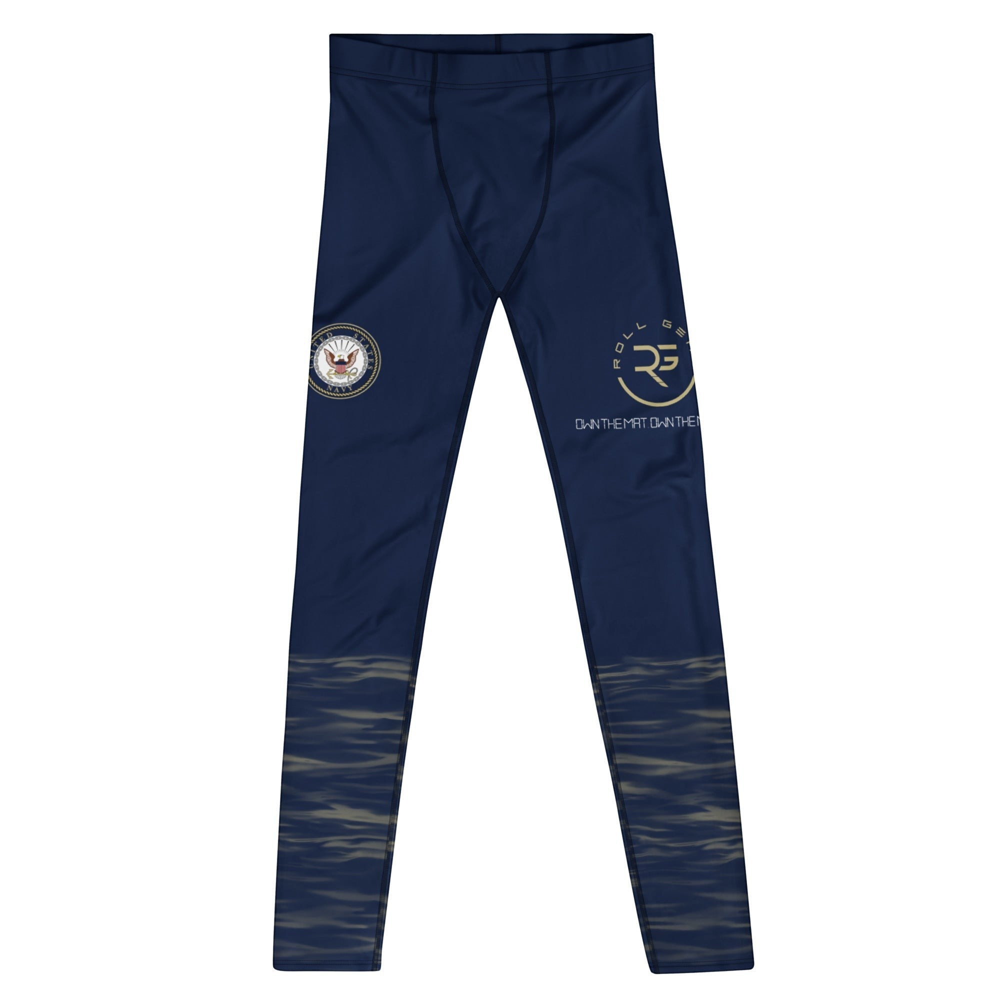 Roll Gear men's navy compression spats with ocean camo print on legs and US Navy insignia accents. Polyester-spandex blend.