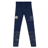 Roll Gear men's navy compression spats with ocean camo print on legs and US Navy insignia accents. Polyester-spandex blend.