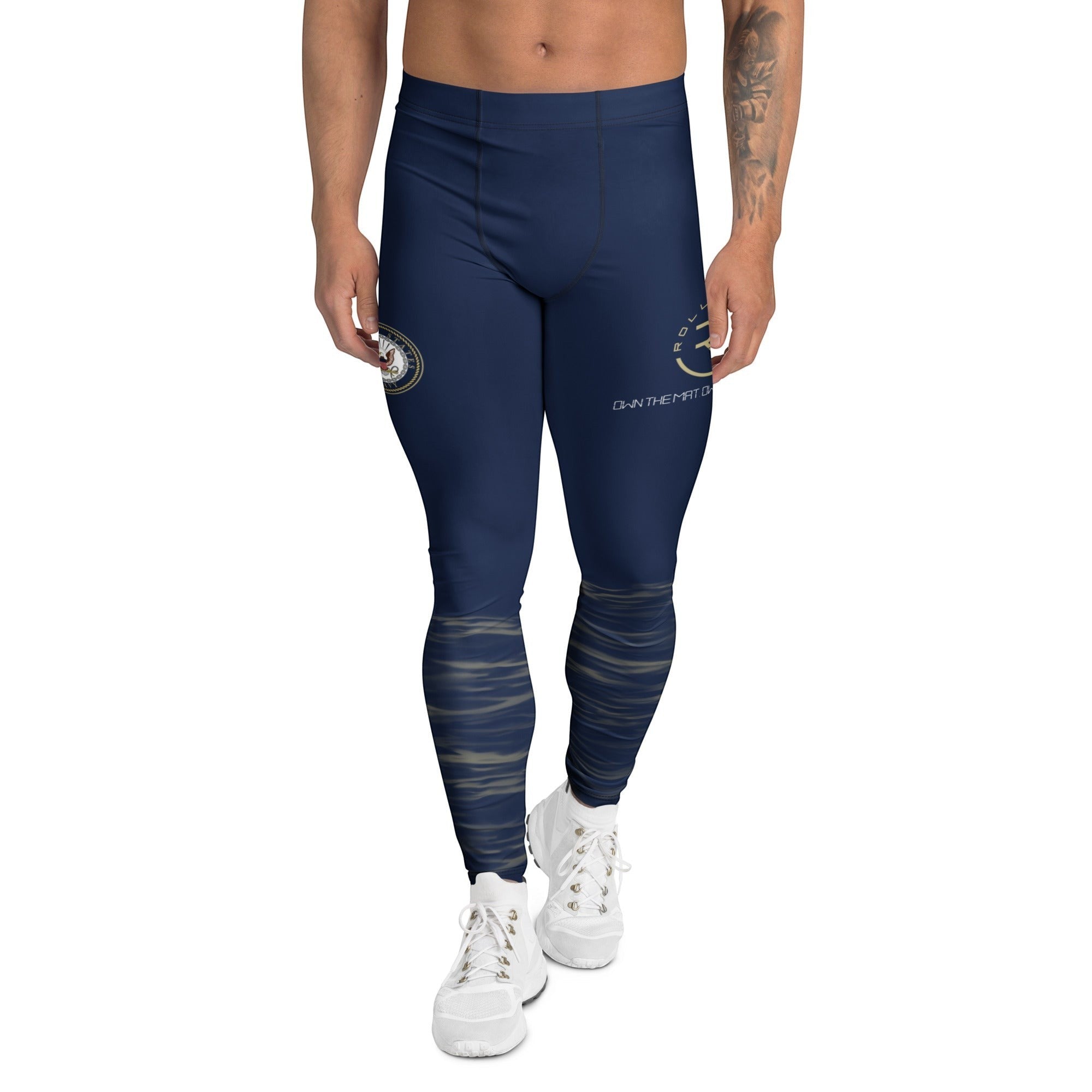 Roll Gear men's navy compression spats with ocean camo detail on lower legs. Polyester-spandex blend.