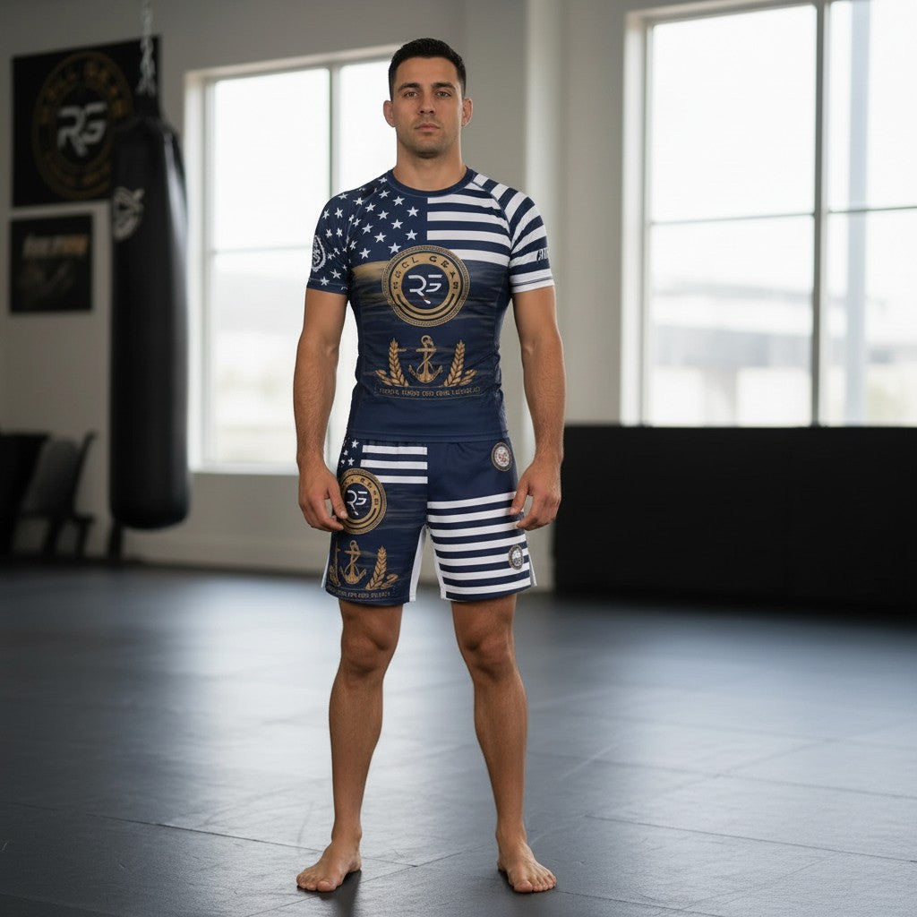 Roll Gear Navy Grappling Shorts with American flag design, anchors, and stripes. Lightweight, 4-way stretch fabric.