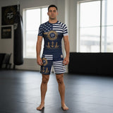 Roll Gear Navy Grappling Shorts with American flag design, anchors, and stripes. Lightweight, 4-way stretch fabric.
