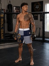 Roll Gear Navy Grappling Shorts – Honor for Valor Edition with anchor and stripe design. Lightweight, 4-way stretch fabric.