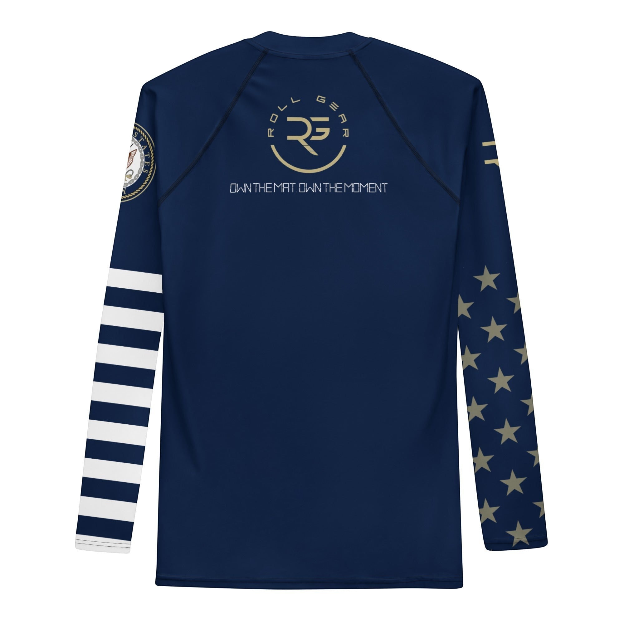 Roll Gear men's navy blue long-sleeve rash guard with gold US Navy emblem on left chest, gold stars on right sleeve, and white stripes on left sleeve.