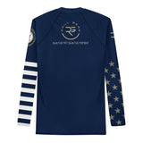 Roll Gear men's navy blue long-sleeve rash guard with gold US Navy emblem on left chest, gold stars on right sleeve, and white stripes on left sleeve.