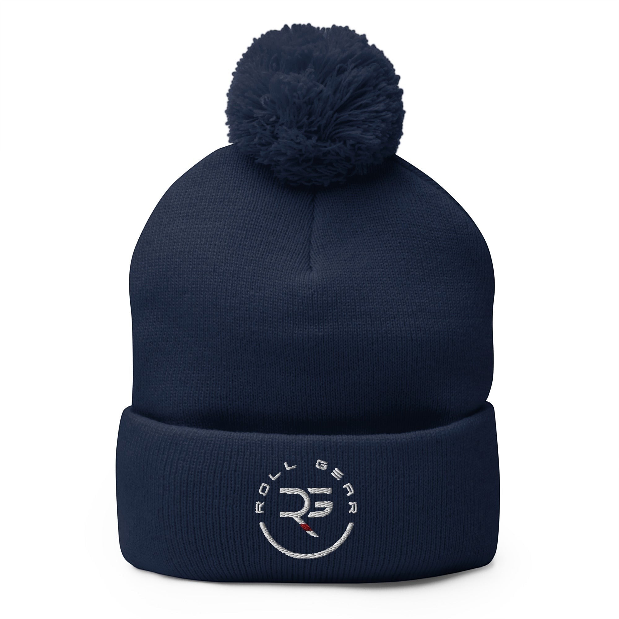Roll Gear navy blue knit pom pom beanie hat with embroidered logo on cuff.
