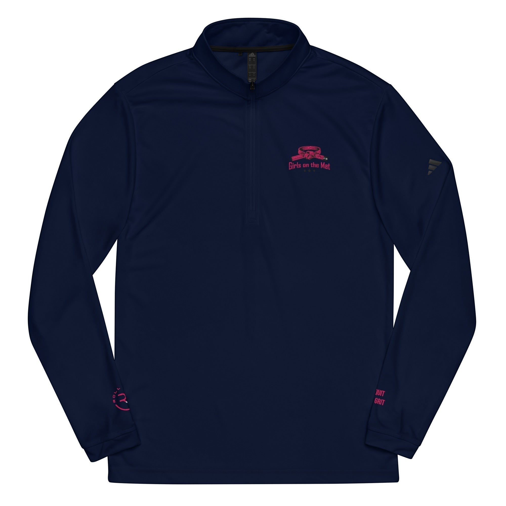 Roll Gear navy blue polyester quarter zip pullover with embroidered pink logo on chest and sleeve.